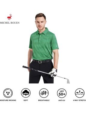 Michel Rouen Men's Green Striped Polo Shirt - Performance Short Sleeve Polo